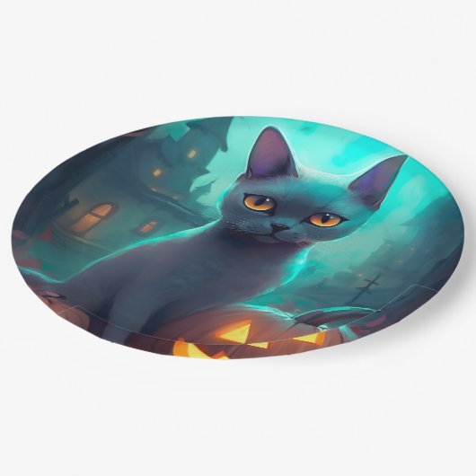 Halloween Russisch blauw Kat met pompoenen eng Papieren Bordje (Gekanteld)