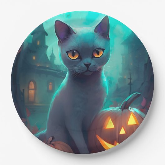 Halloween Russisch blauw Kat met pompoenen eng Papieren Bordje (Voorkant)