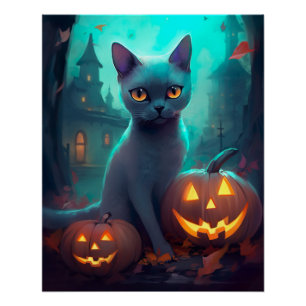 Halloween Russisch blauw Kat met pompoenen eng Perfect Poster