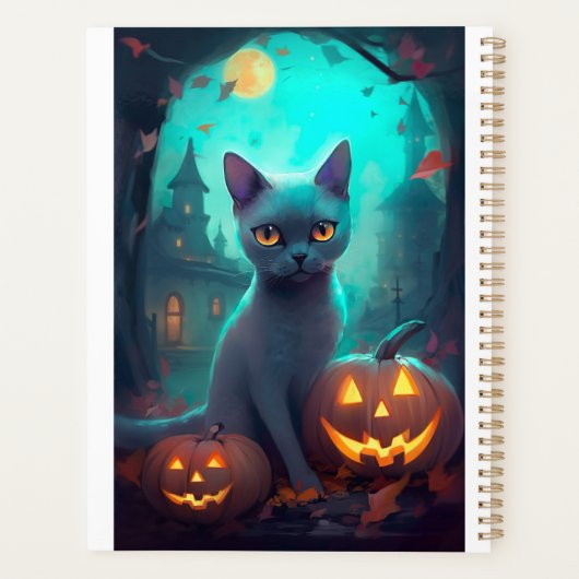 Halloween Russisch blauw Kat met pompoenen eng Planner (Achterkant)