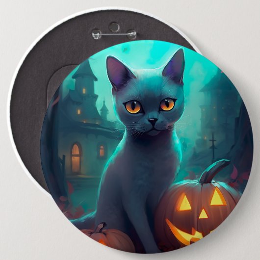 Halloween Russisch blauw Kat met pompoenen eng Ronde Button 6,0 Cm (Voorkant /achterkant)