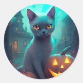 Halloween Russisch blauw Kat met pompoenen eng Ronde Sticker (Voorkant)