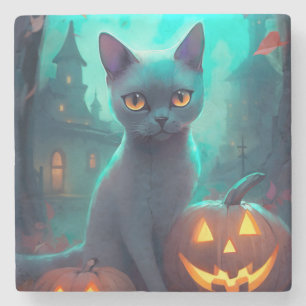 Halloween Russisch blauw Kat met pompoenen eng Stenen Onderzetter