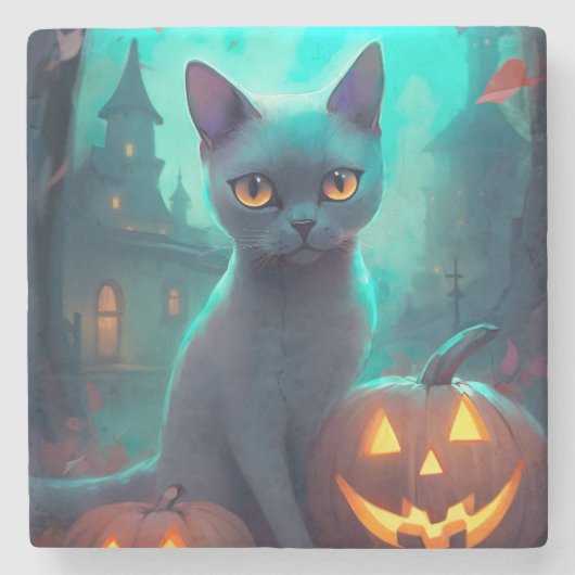Halloween Russisch blauw Kat met pompoenen eng Stenen Onderzetter (Voorkant)