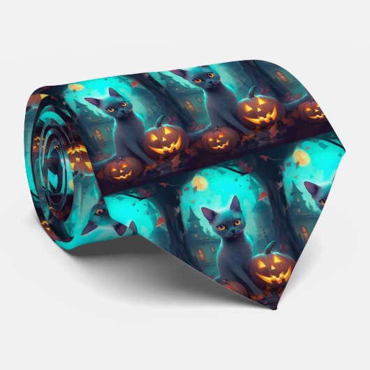 Halloween Russisch blauw Kat met pompoenen eng Stropdas (Opgerold)