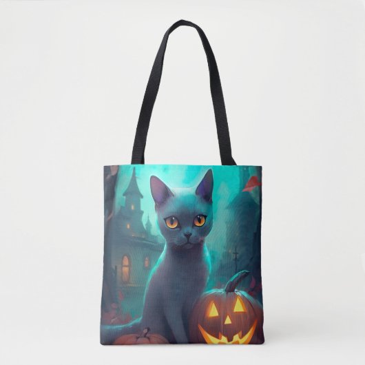 Halloween Russisch blauw Kat met pompoenen eng Tote Bag (Voorkant)
