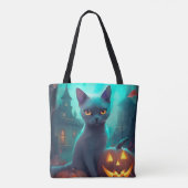 Halloween Russisch blauw Kat met pompoenen eng Tote Bag (Achterkant)