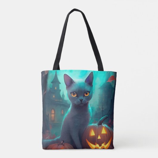 Halloween Russisch blauw Kat met pompoenen eng Tote Bag (Achterkant)