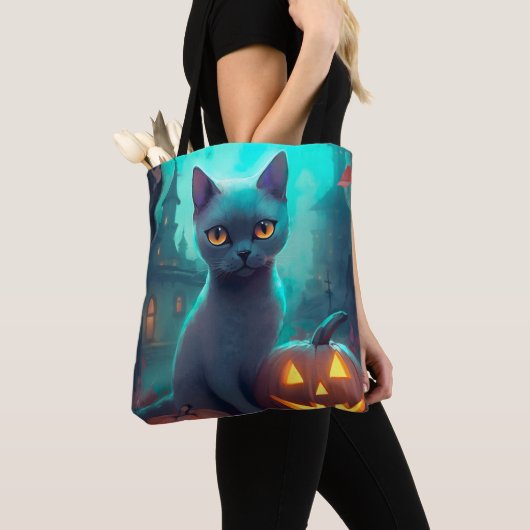 Halloween Russisch blauw Kat met pompoenen eng Tote Bag (Dichtbij)