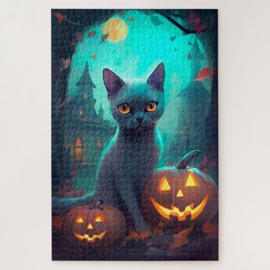 Halloween Russische Blauwe Kat Met Pompoenen Griez Legpuzzel (Verticaal)