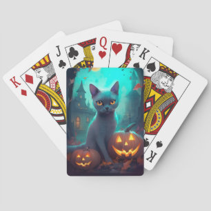 Halloween Russische Blauwe Kat Met Pompoenen Griez Pokerkaarten