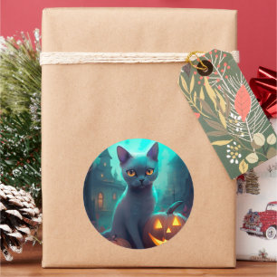 Halloween Russische Blauwe Kat Met Pompoenen Griez Ronde Sticker