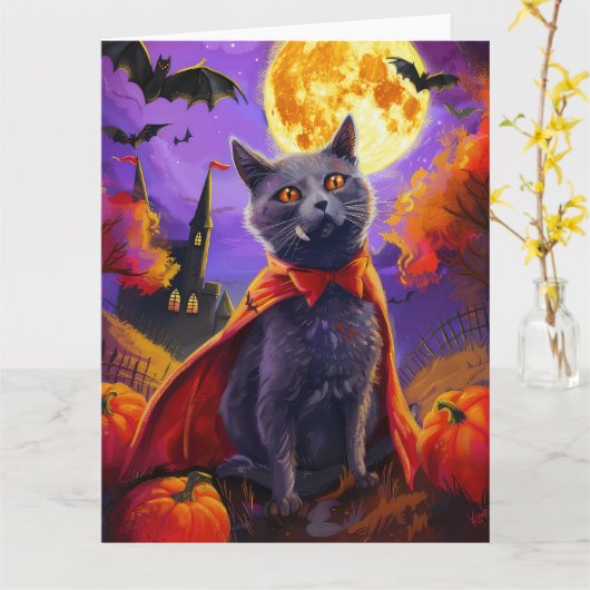 Halloween Russische Blauwe Kat Vampier Pompoenen e Kaart (Gele Bloem)