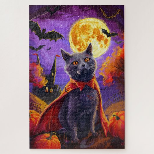 Halloween Russische Blauwe Kat Vampier Pompoenen e Legpuzzel (Verticaal)