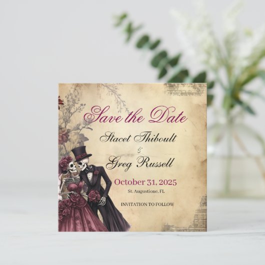 Halloween Rustic Gothic Skeleton Bewaar de datum Kaart (Staand voorkant)
