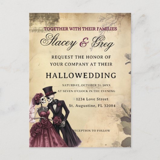 Halloween rustieke gotische skelet bruiloft briefkaart (Voorkant)