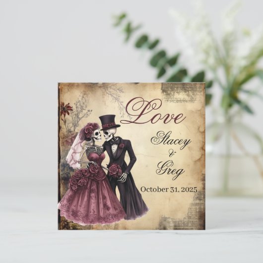 Halloween rustieke gotische skelet bruiloft kaart (Staand voorkant)