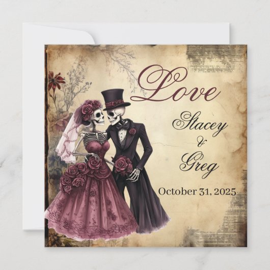 Halloween rustieke gotische skelet bruiloft kaart (Voorkant)
