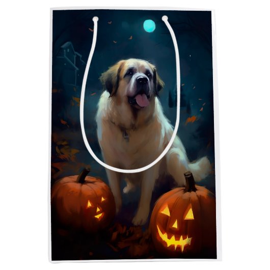 Halloween Saint Bernard met pompoenen eng Medium Cadeauzakje (Voorkant)