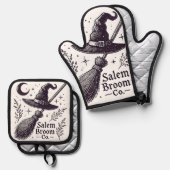 Halloween Salem Witch Broomstick Ovenwant & Pannenlap Set (Voorkant / Achterkant)