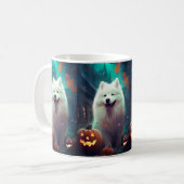 Halloween Samojeed Met Pompoenen Eng Koffiemok (Voorkant links)