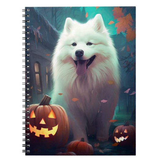 Halloween Samojeed Met Pompoenen Eng Notitieboek (Voorkant)
