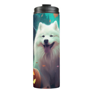Halloween Samojeed Met Pompoenen Eng Thermosbeker