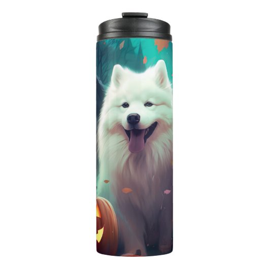 Halloween Samojeed Met Pompoenen Eng Thermosbeker (Voorkant)
