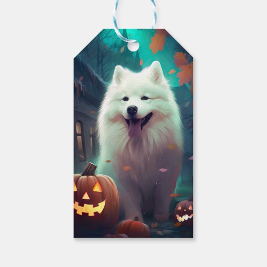 Halloween Samoyed met pompoenen eng Cadeaulabel (Achterkant)