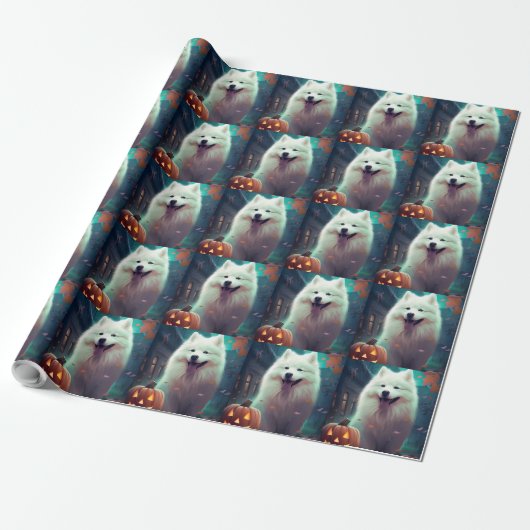 Halloween Samoyed met pompoenen eng Cadeaupapier (Uitgerold)
