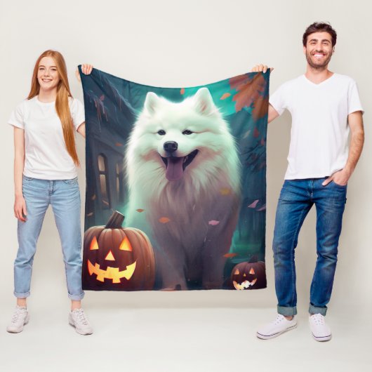 Halloween Samoyed met pompoenen eng Fleece Deken (In situ)