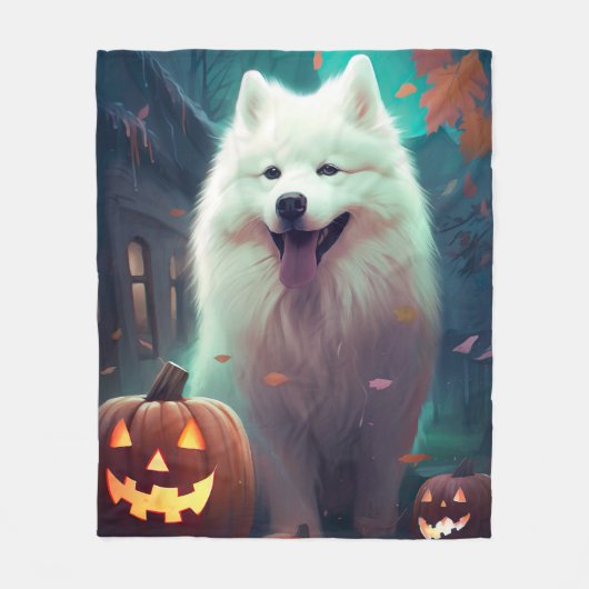 Halloween Samoyed met pompoenen eng Fleece Deken (Voorkant)