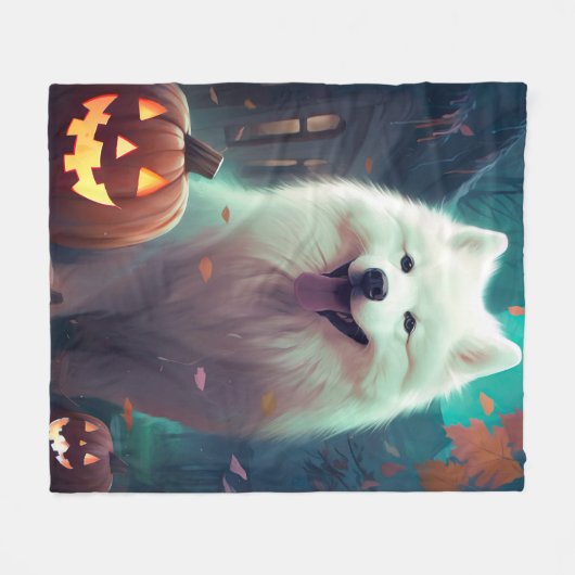 Halloween Samoyed met pompoenen eng Fleece Deken (Voorkant (Horizontaal))