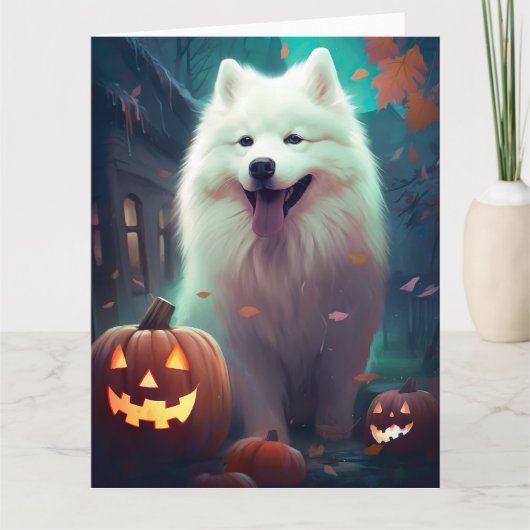 Halloween Samoyed met pompoenen eng Kaart (Voorkant)
