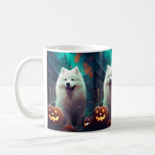 Halloween Samoyed met pompoenen eng Koffiemok (Links)