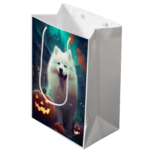 Halloween Samoyed met pompoenen eng Medium Cadeauzakje (Voorkant Gekanteld)