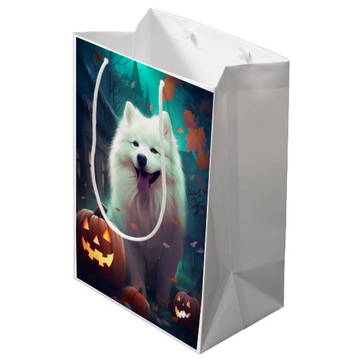 Halloween Samoyed met pompoenen eng Medium Cadeauzakje (Achterkant Gekanteld)