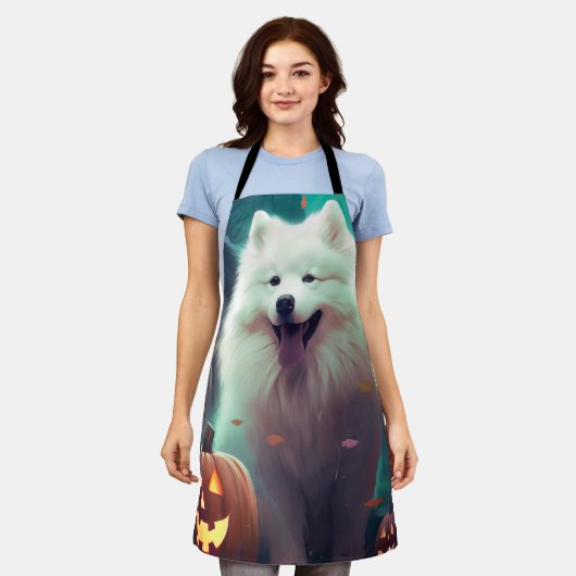 Halloween Samoyed met pompoenen eng Schort (Gedragen)