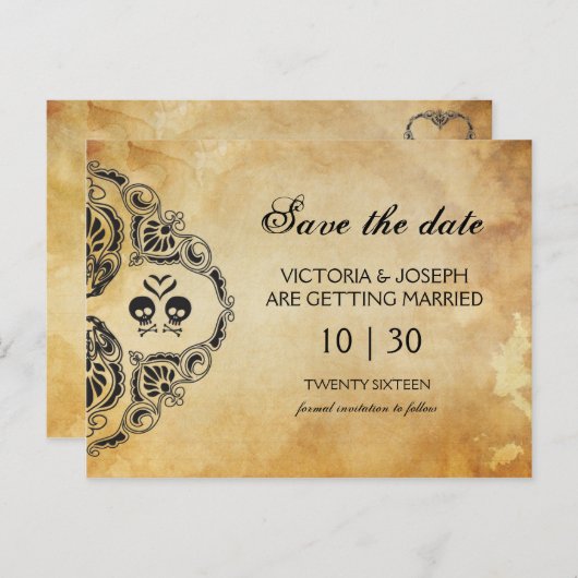 Halloween Save the Date - Skull & Crossbones Aankondigingskaart (Voorkant / Achterkant)