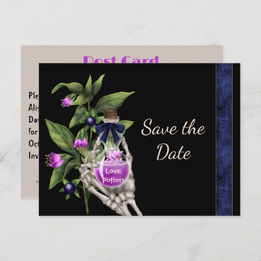 Halloween Save the Date with Paarse Love Potion Aankondigingskaart (Voorkant / Achterkant)