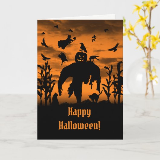 Halloween Scarecrow Jack O Lantern Witch Ravens Kaart (Gele Bloem)