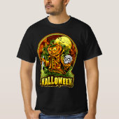 Halloween Scarecrow Skull Pumpkin Head Knife Bats T-shirt (Voorkant)