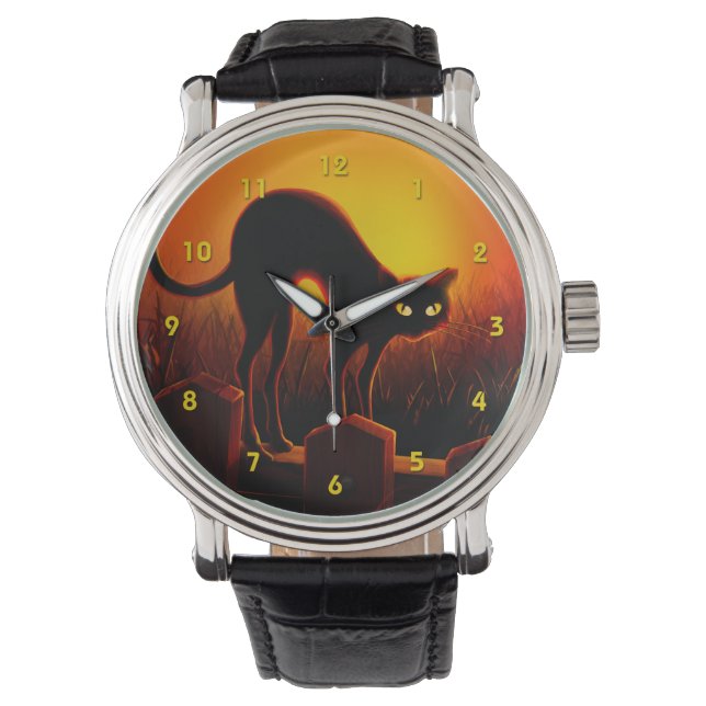Halloween Scary Black Cat Ggloed Eyes Watch Horloge (Voorkant)