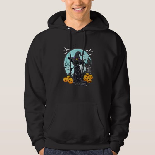Halloween Scary Black Cat With Witch Hat Hoodie (Voorkant)