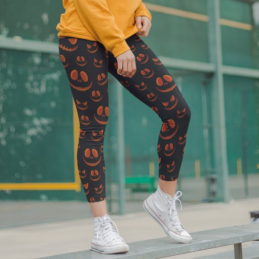 Halloween Scary Eyes Face Modern Black Oranje Leggings