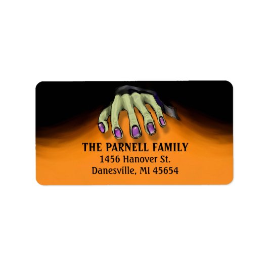 Halloween Scary Green Hand met Paarse nagels Etiket (Voorkant)