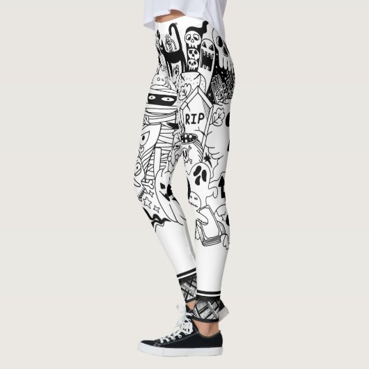 Halloween Scary Monster Doodle Black White Modern Leggings (Links)