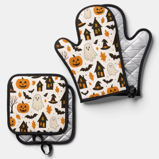 Halloween Scary Pattern – Spooky & feestelijk Ovenwant & Pannenlap Set (Voorkant / Achterkant)