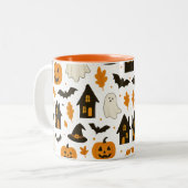 Halloween Scary Pattern – Spooky & feestelijk Tweekleurige Koffiemok (Voorkant links)