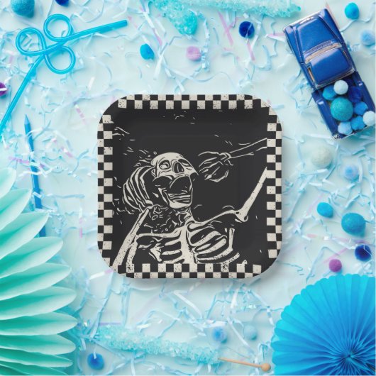 Halloween Scary Skeleton Black White gecheckt Papieren Bordje (Feest)